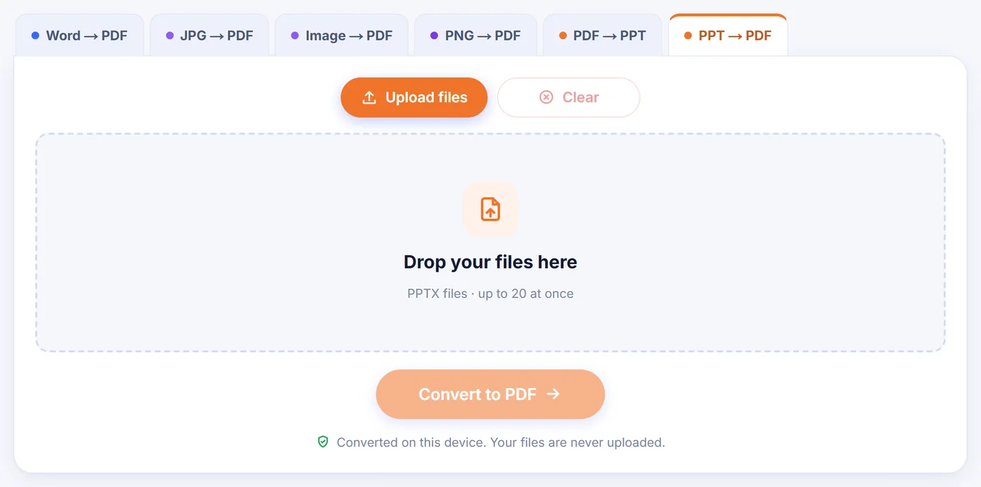 Empty converter with the PPT to PDF tab selected, an Upload files button and a drop area that accepts PPTX files, up to 20 at once