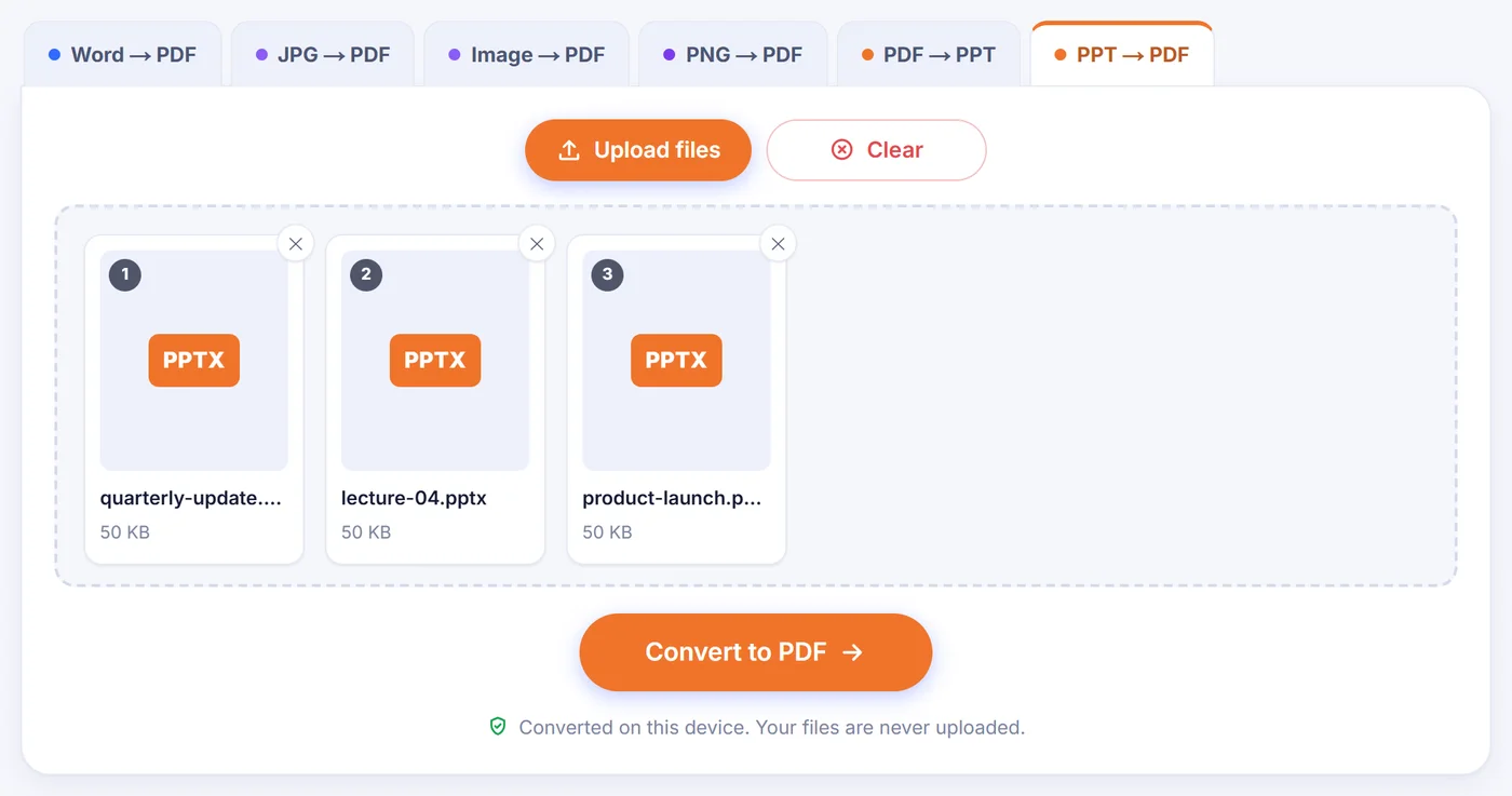 Three numbered PPTX cards named quarterly-update, lecture-04 and product-launch, each 50 KB, with remove buttons and an orange Convert to PDF button