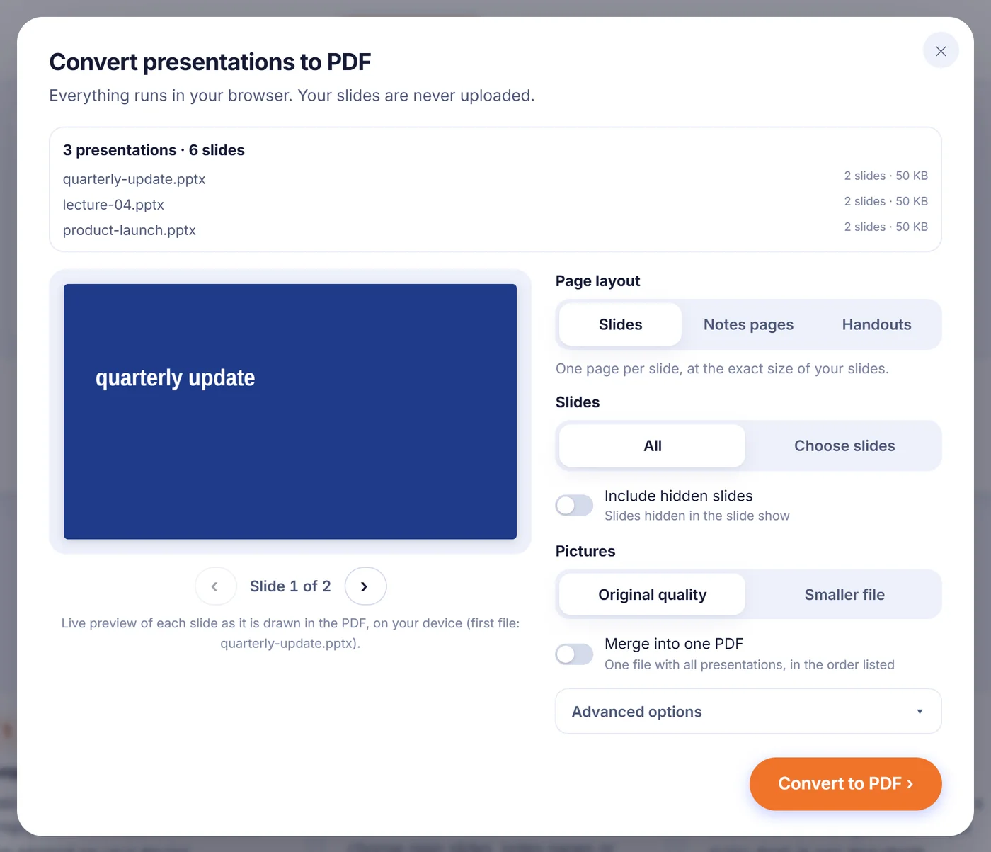 Settings window listing quarterly-update.pptx, lecture-04.pptx and product-launch.pptx with a slide preview, Page layout, Slides and Pictures choices